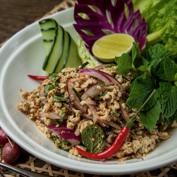 Bai Tong Thai Restaurant's Larb Gai, a minced chicken salad with red onions, mint, lime, and chili.