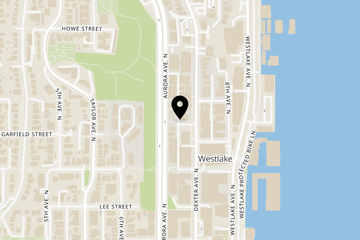 Map showing the location of Bai Tong Thai Restaurant Lake Union on 1601 Dexter Ave N in Seattle
